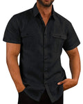 Men's Short Sleeve Linen Shirt - Casual Summer Style with Dual Pockets and Button-Down Front