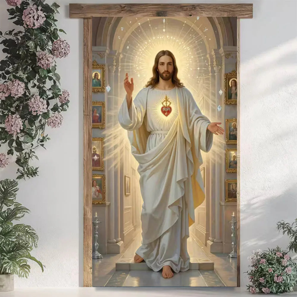 Weiße Stoff-Türvorhang-Verkleidung mit einer Darstellung von Jesus mit einem strahlenden Heiligenschein und einem Motiv des Heiligsten Herzens, eingefasst von Holzleisten; zur Verwendung als religiöse Oster-Jesus-Türverkleidung für Fotografie-Hintergrund-Banner.