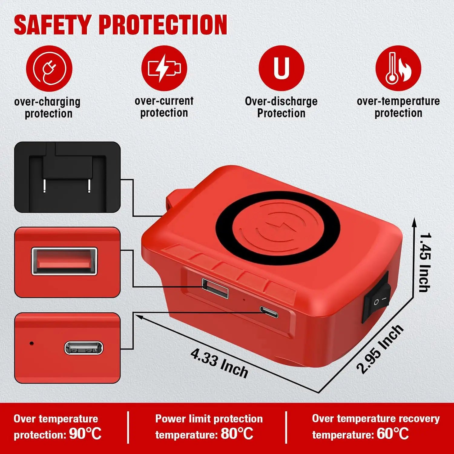 Banco de energía inalámbrico rectangular rojo, con almohadilla de carga circular negra y múltiples puertos USB, diseñado para Makita, DeWalt y Milwaukee de 18 V, con protocolo de carga rápida.