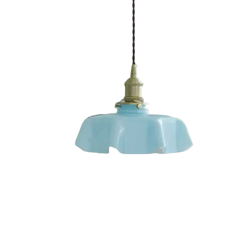 Cream-style light blue glass flower skirt pendant lamp with brass fixture and twisted brown cord shown front view