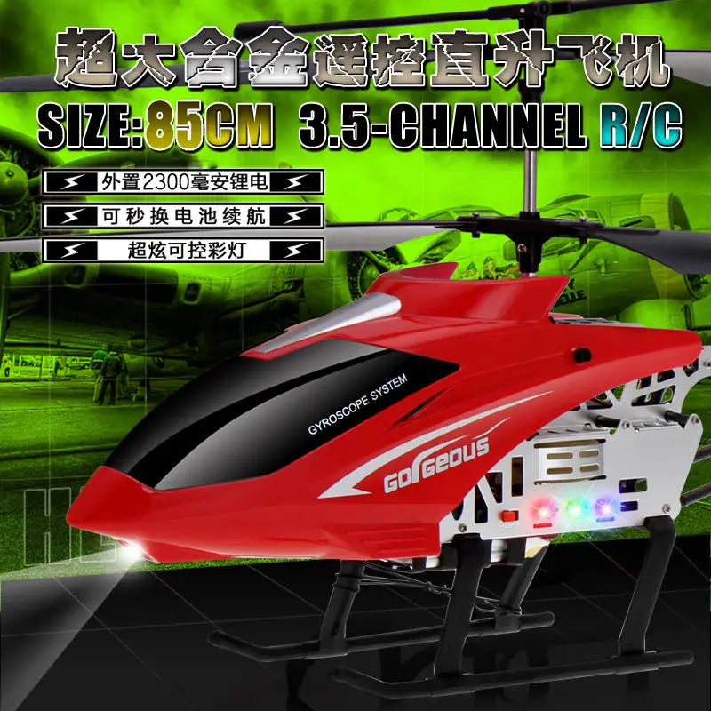 Red and black gorgeous 3.5-channel remote control helicopter with led lights, gyroscope system, and lithium battery for enhanced flight stability and performance.
