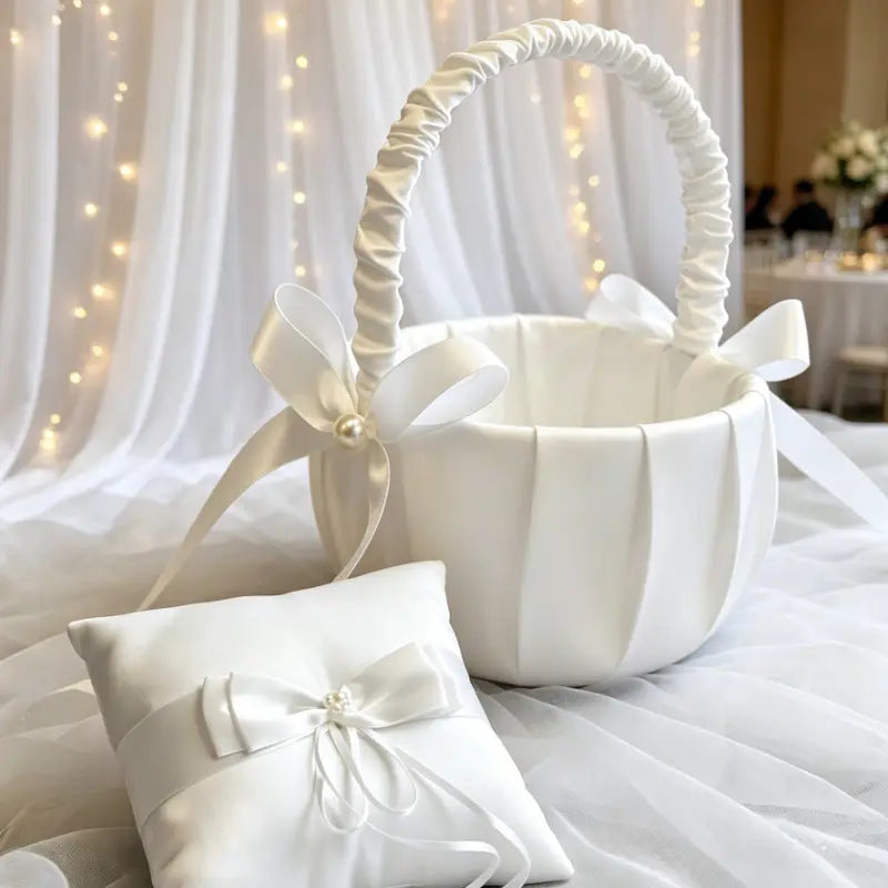 White satin wedding flower basket with a ruched handle and decorative bows from the wedding flower basket and ring pillow set.