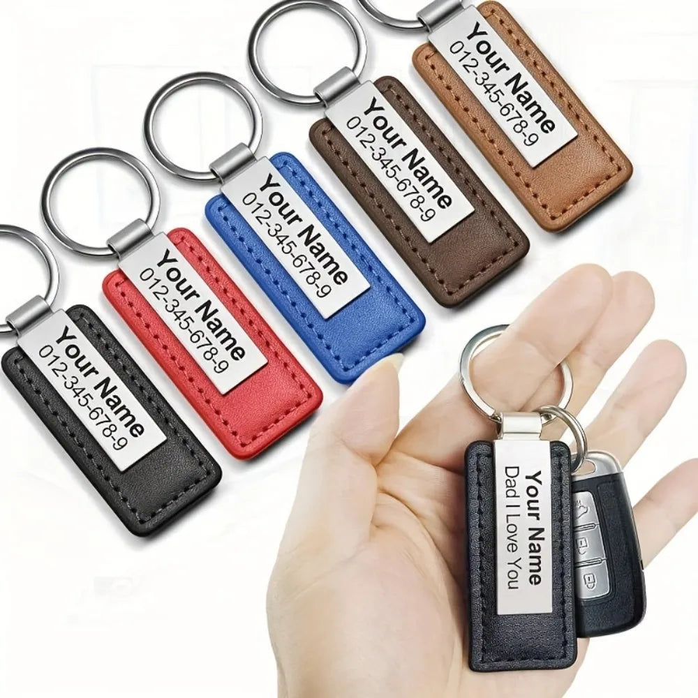 Personalization PU Leather Keychain with Stainless Steel ID Tag - Customizable Name and Phone Number Key Chain for Men Gift