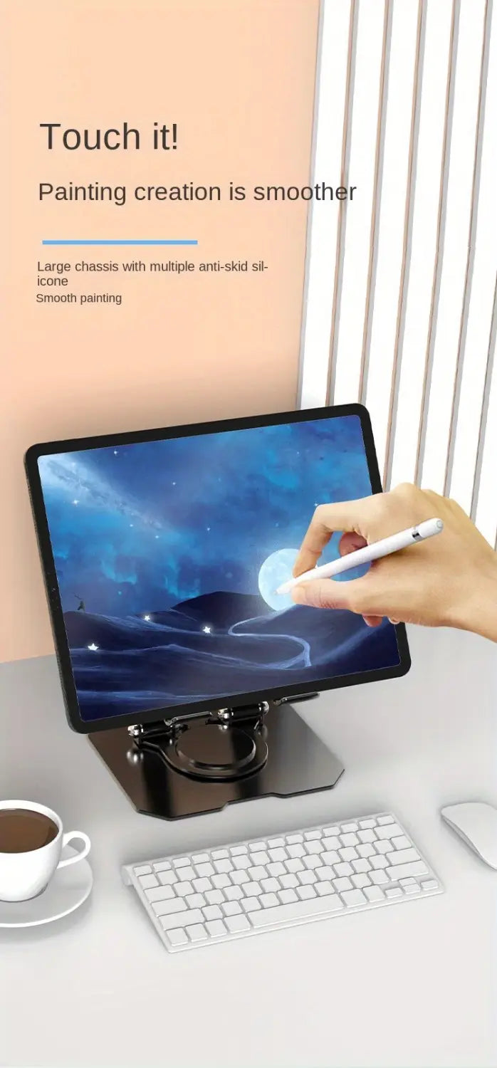 Support de tablette réglable avec rotation à 360° finition noire, au design moderne épuré, assurant le maintien d’un écran de dessin actif.
