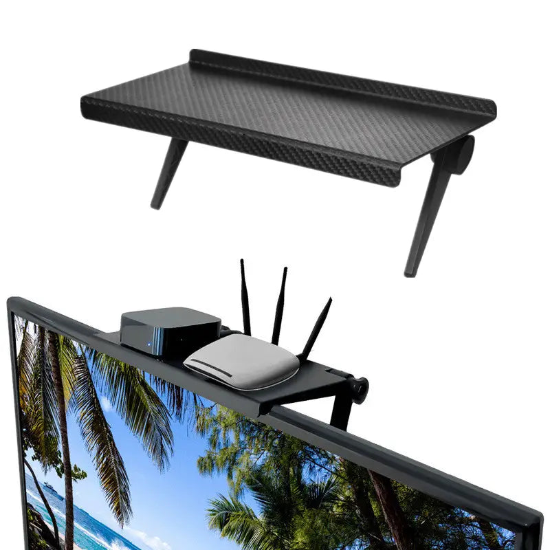 Adjustable screen top storage shelf monitor stand in black carbon fiber texture with adjustable legs for ergonomic screen elevation.