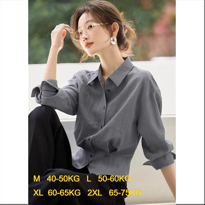 Women Long Sleeve Shirt Elegant Lapel Waist Hem Design Slim Fit Office Shirts Summer spring Ladies Breathable Commuter Blouse