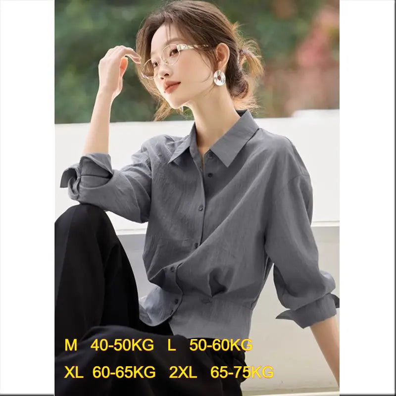 Women Long Sleeve Shirt Elegant Lapel Waist Hem Design Slim Fit Office Shirts Summer spring Ladies Breathable Commuter Blouse