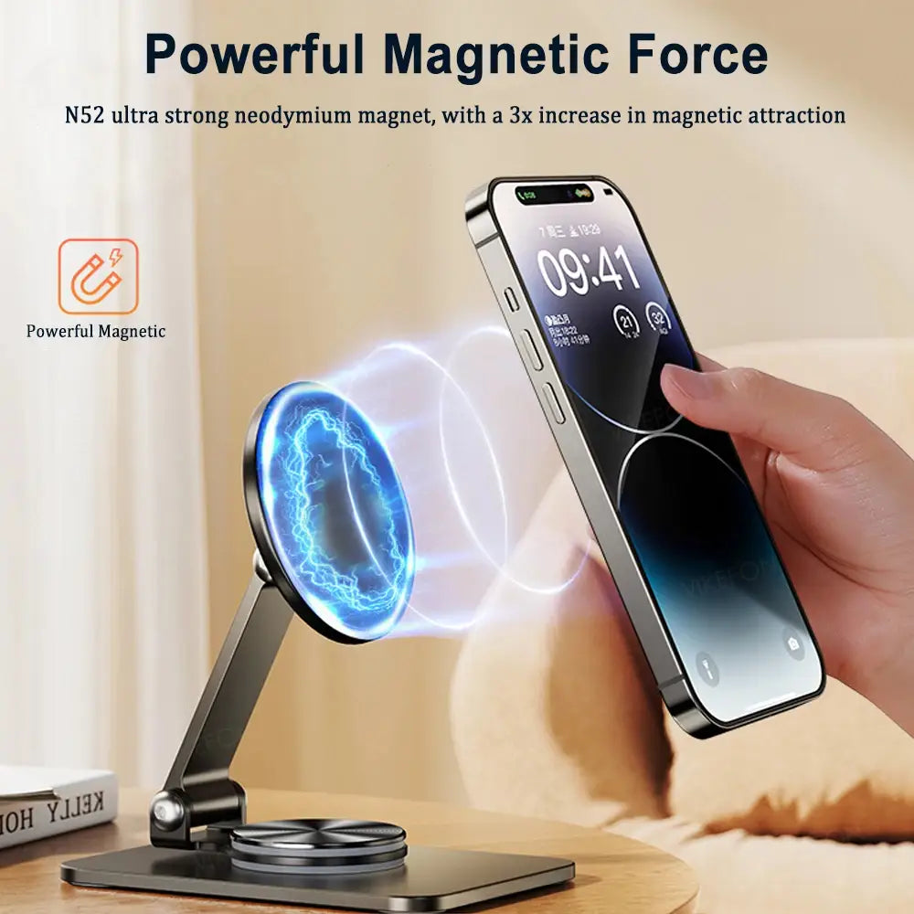 Un elegante soporte y portateléfono magnético negro con una almohadilla de carga circular que cuenta con un imán de neodimio N52 para iPhone pro max.