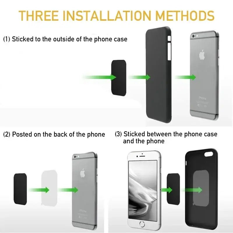 autocollant de coque de téléphone magnétique noir montrant la face arrière avec disque de plaque métallique pour porte-téléphone de voiture à fixation magnétique
