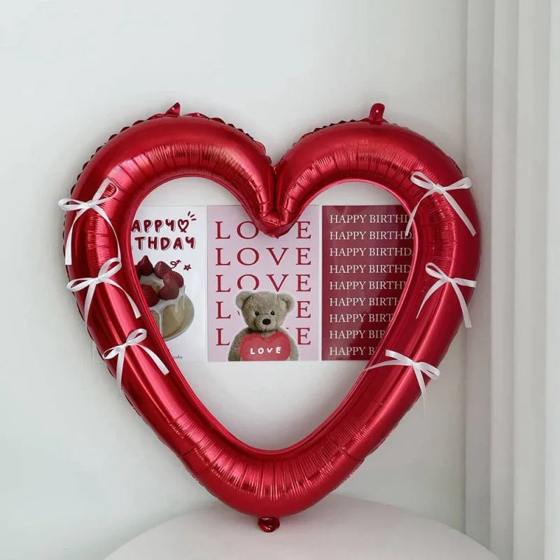 Happy Birthday Heart Photo Frame Balloon with Bowknot Stickers Girlsfriend Birthday Party Photo Props Wedding Ballon Decoration