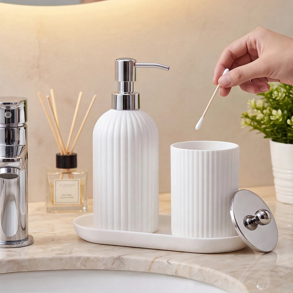 3pcs/set White Bathroom Accessories Set, Farmhouse Organizer with Soap Dispenser, Qtip Jar and Tray for Bathroom Sink
