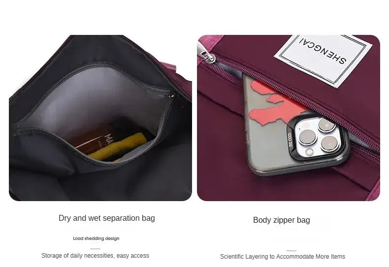 Un sac duffel roulant en nylon bordeaux à grande capacité ; comprend un sac zippé sur le corps avec un intérieur noir et des compartiments zippés pour séparer le sec et le humide.