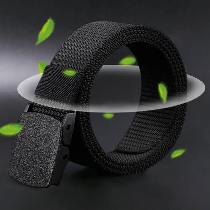 Black mens tactical canvas belt featuring lightweight webbing and a textured matte-finish plastic automatic buckle.