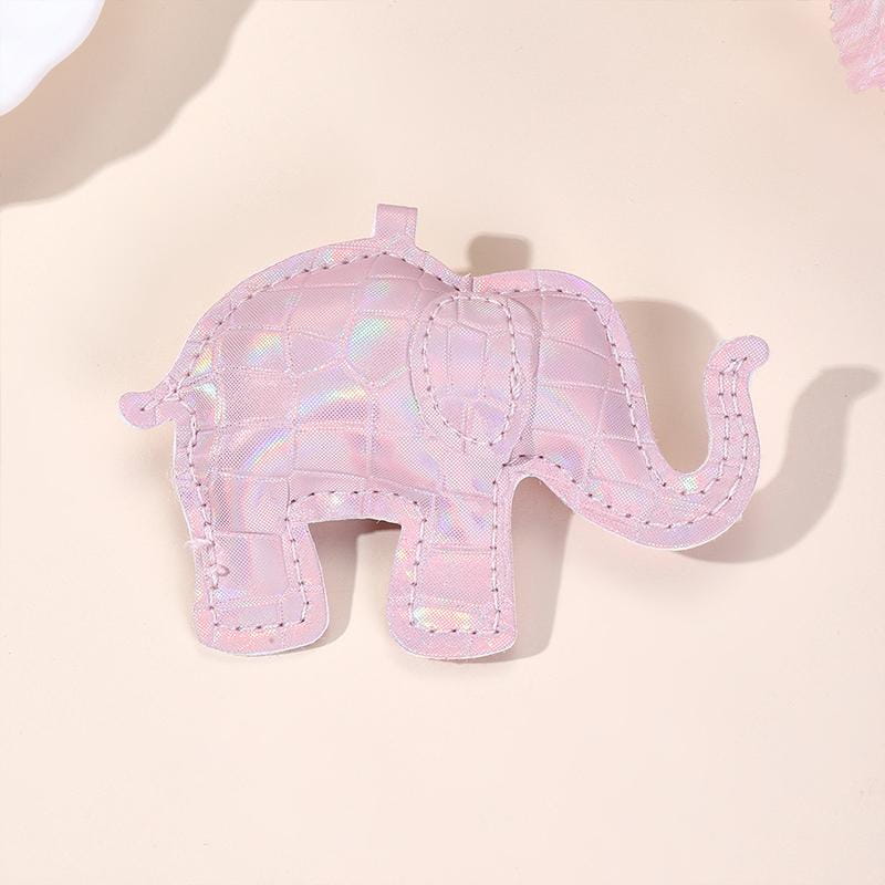 A pink holographic pu leather elephant-shaped keychain with quilted texture and stitched edges designed as a diy animal charm.