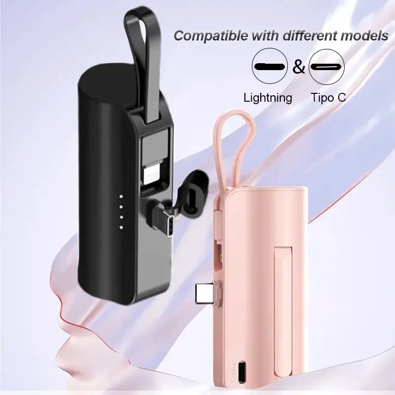 zylinderspeichernde Powerbank in Schwarz und Roségold, 5000 mAh, Schnellladefunktion, tragbares Ladegerät mit integrierten Lightning- und USB‑C‑Ladeanschlüssen sowie Schlaufengriffen für eine bequeme Mitnahme
