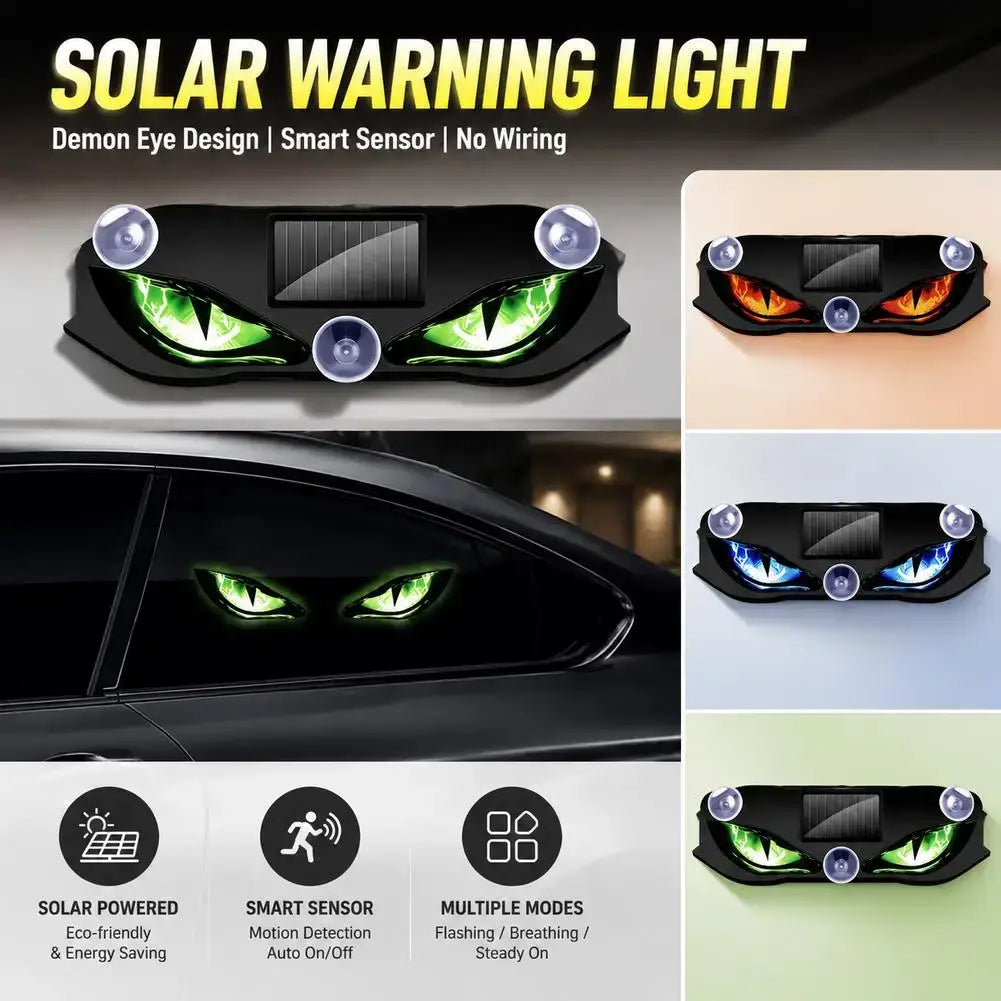 Lampe d’avertissement solaire noire avec motif d’œil de démon vert lumineux et ventouses, pour un montage aisé sur les vitres de voiture.