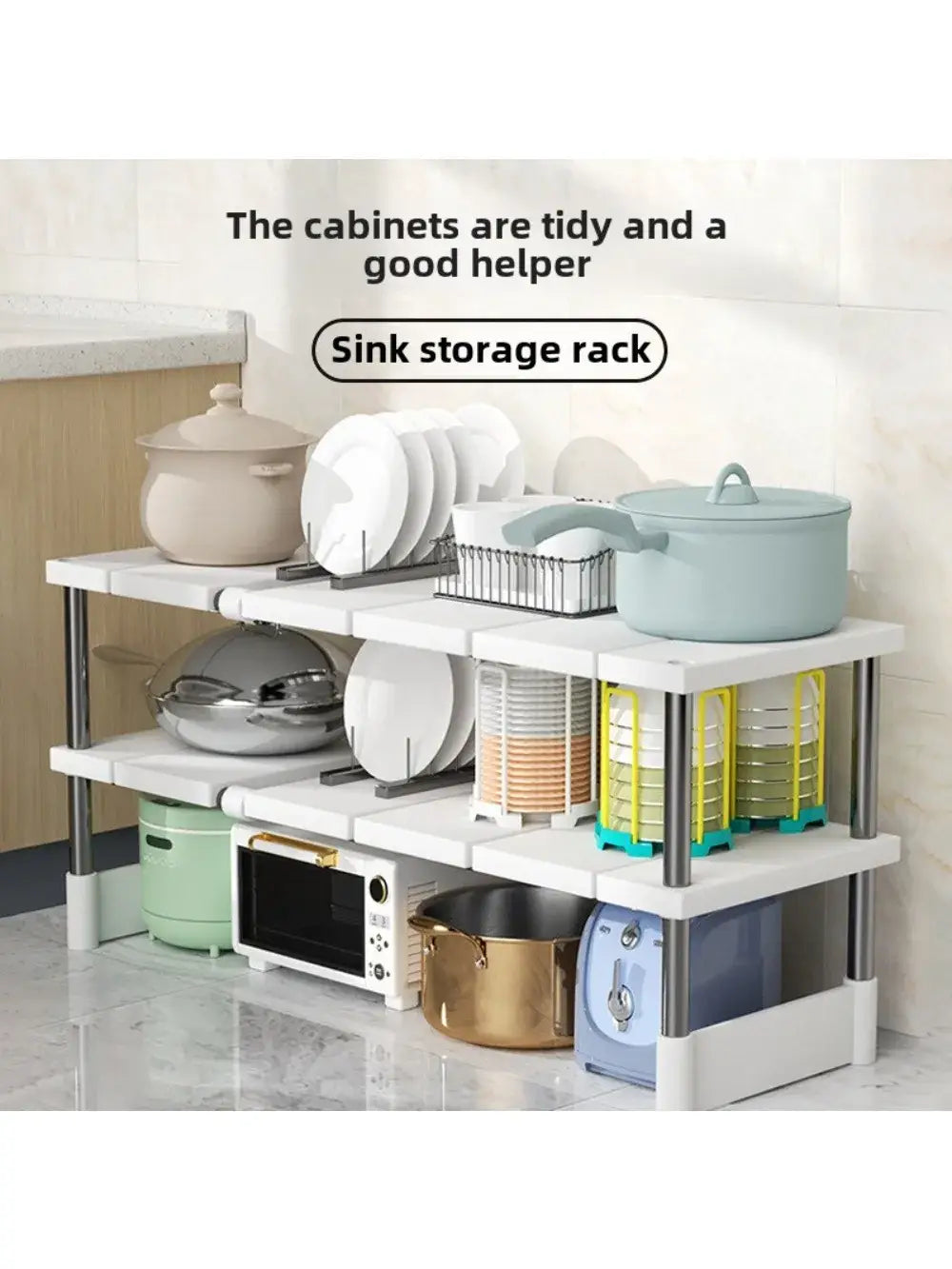 White plastic telescopic sink holder with stainless steel legs featuring a layered partition rack for organized sink storage.