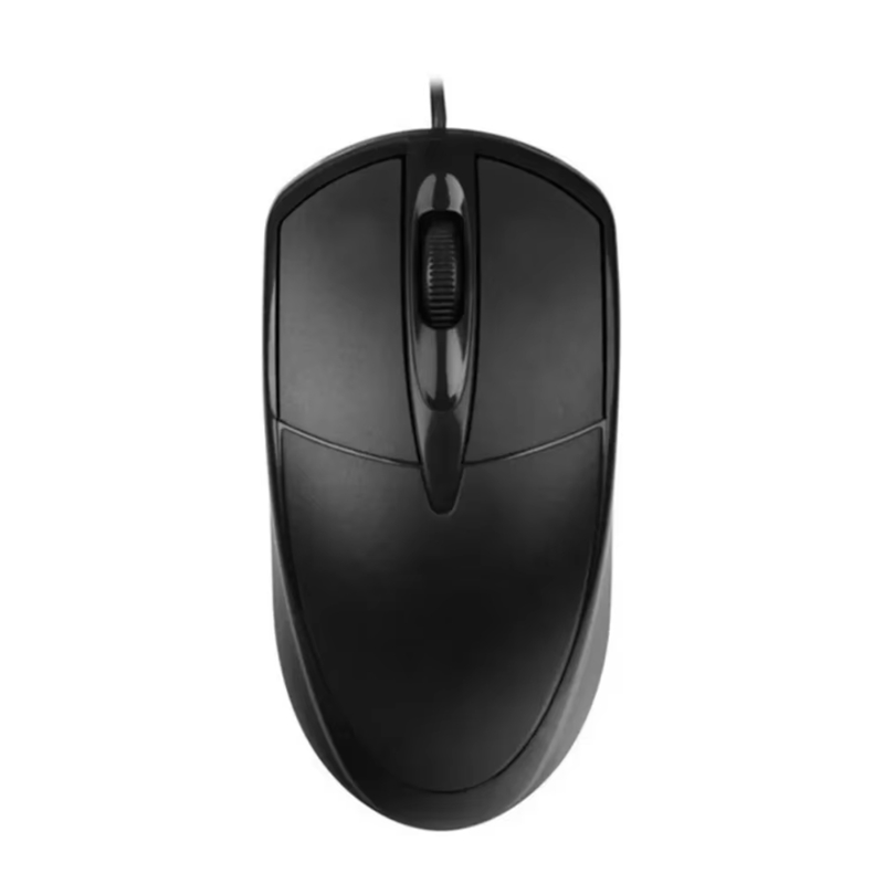 Schwarze kabelgebundene optische Maus mit glänzender Oberfläche und ergonomischem Design, mit kabelgebundener Verbindung und 1200-dpi-Empfindlichkeit.