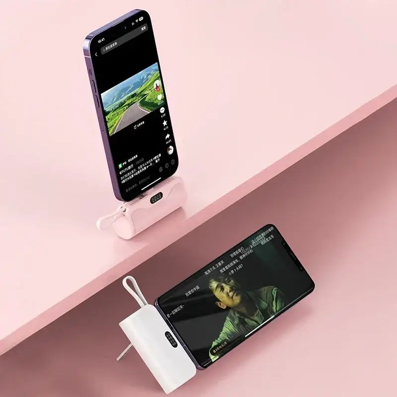 Banco de energía con soporte para teléfono blanco, con puerto de carga rápida integrado y lazo para el cable, para mini cargador portátil net zh-cn