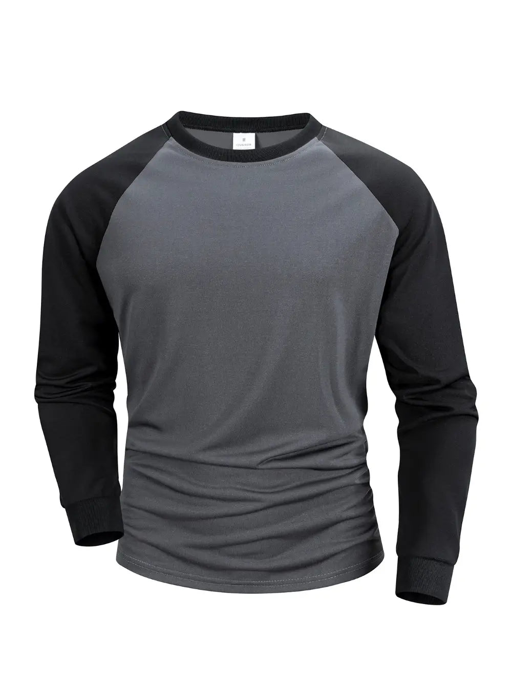 Herren-Raglanshirt mit langem Ärmel, mit einem Schwarz-und-Grau-Farbkonzept, Rundhalsausschnitt und Raglanärmeln.