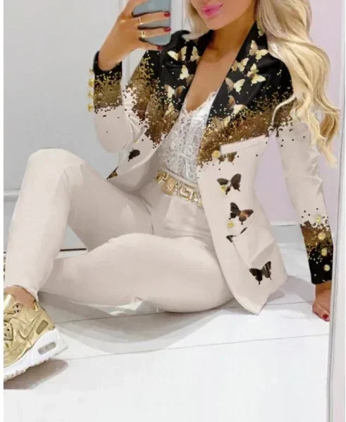 2026 Women Formal Jacket & Trousers Office Lady Outfits Autumn Women Two Pieces Set Print Blazer Coat & Pants Suit Sets Female