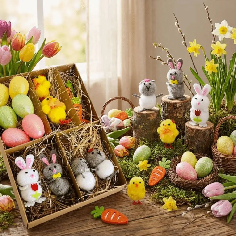 a handmade felt easter egg and chick figurine gift set featuring plush white and gray bunnies with pink bows and yellow chicks nestled in a rustic wooden box lined with straw alongside colorful painted eggs