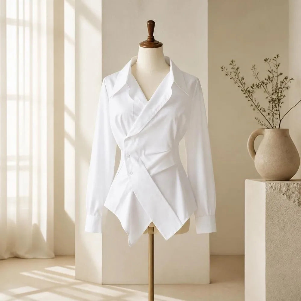 Formal Wear Irregular Long Sleeve Shirt Slim Fit Waist-cinching Women Blouse Elegant V Collar Shirt Top Office