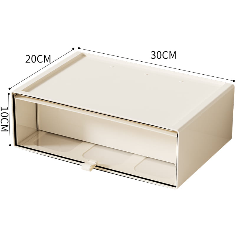 Cream-colored rectangular desktop organizer and collectible display case with sleek minimalist design and smooth plastic finish.