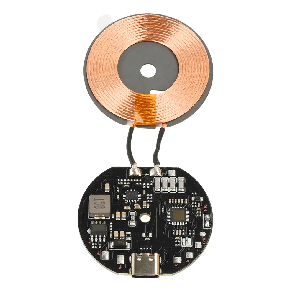 Wireless charging module 20w car pcba showing a black pcb with copper coils and usb-c port designed for wireless charging and automatic recognition.