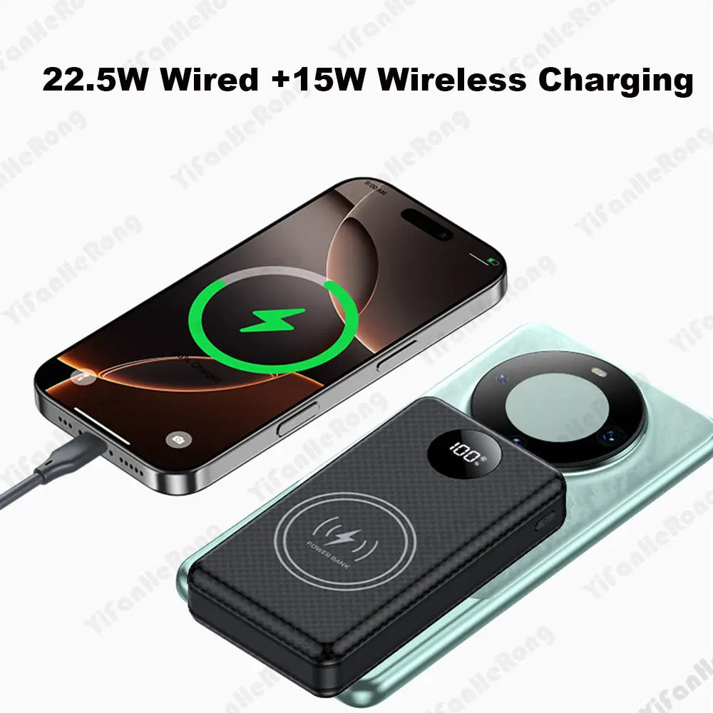 Schwarzes rechteckiges Powerbank-Gehäuse mit strukturierter Oberfläche und rundem kabellosem Ladekissen, ausgelegt für schnelles Laden mit 6 18650-Batterien