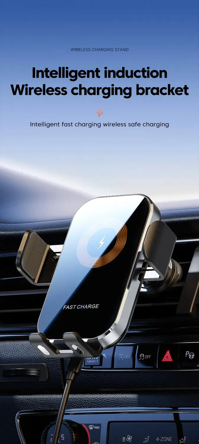 Soporte para cargador inalámbrico de coche plateado y negro con diseño moderno y elegante, para carga inalámbrica rápida y carga para navegación mientras está montado en el automóvil.