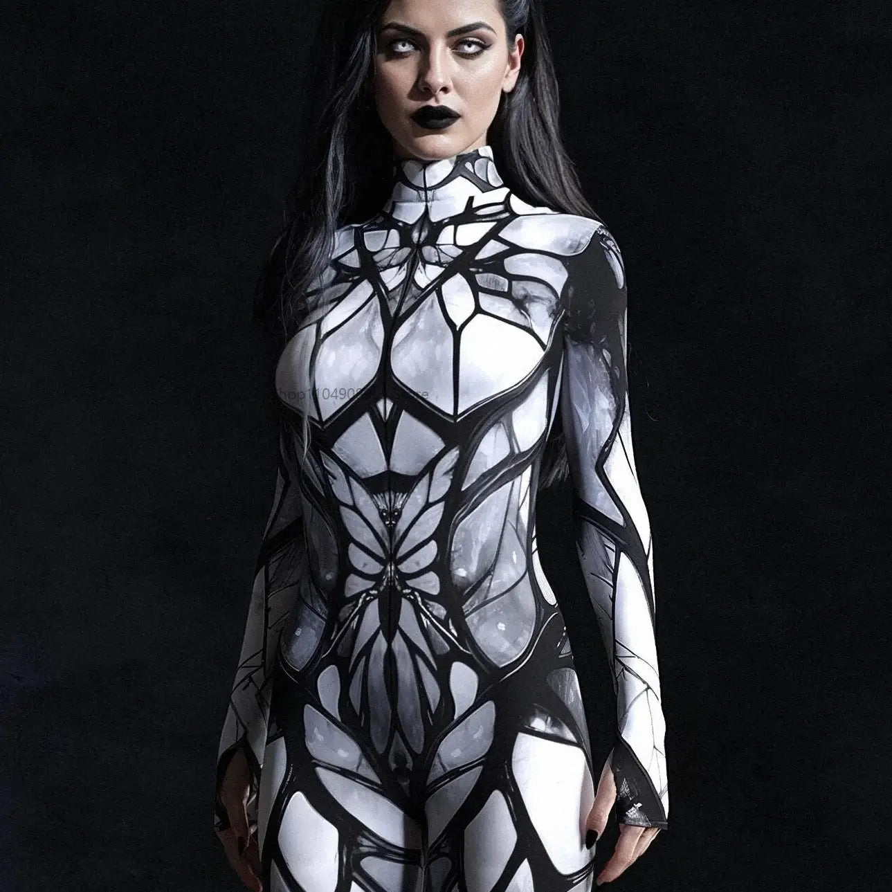 Elegante disfraz tipo body con telaraña geométrica en blanco y negro, con un diseño ceñido al cuerpo que se adapta a la silueta.