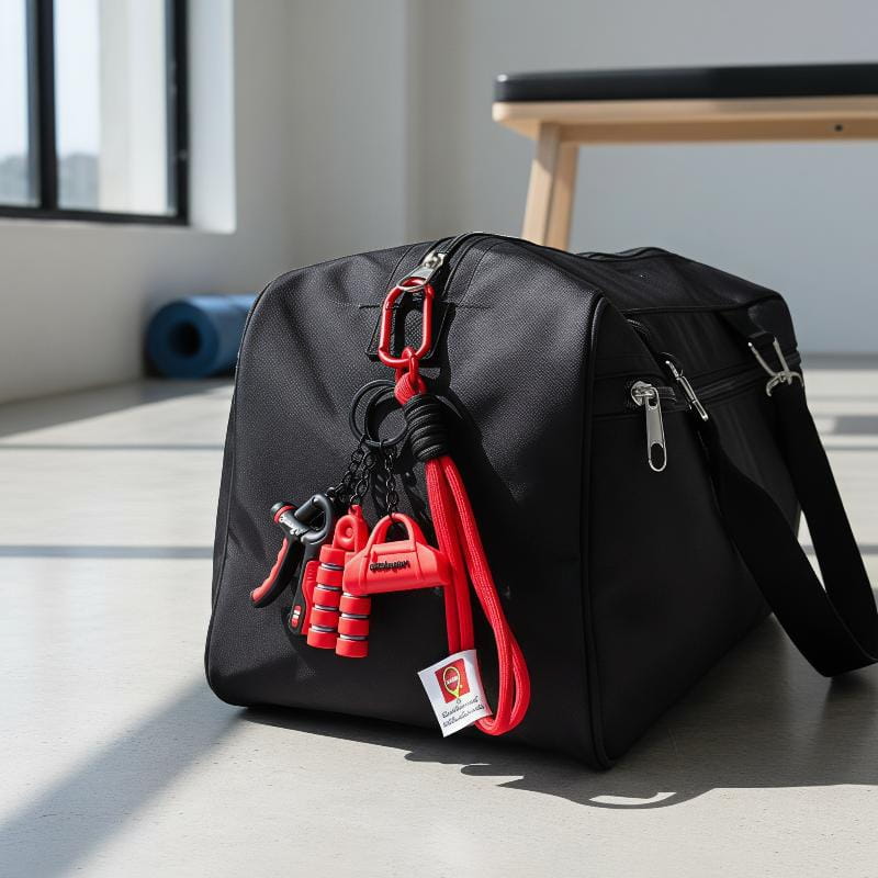 Black duffel bag with red keychain accessories and white tag designed as a fitness keychain mini gym equipment bag pendant.