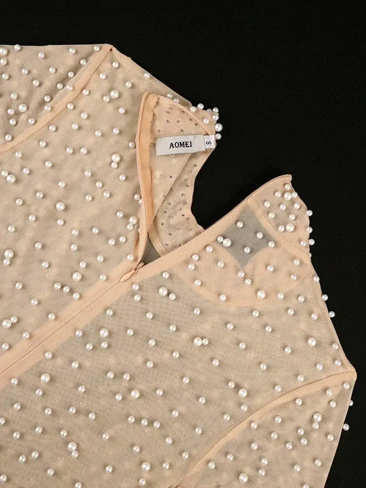 beige sheer top with scattered white pearls and subtle zipper detail paired with beaded high waisted jumpsuit for an elegant party outfit