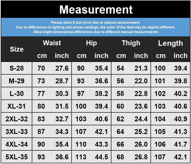 Tableau des tailles pour les pantalons de style punk slim fit en faux cuir pour homme, affichant des mesures en centimètres et en pouces pour les tailles S 28 à 5XL 35.