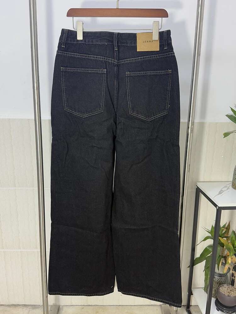 Iefb men black vintage wide leg jeans featuring dark wash denim with a wide-leg cut and contrasting stitching.