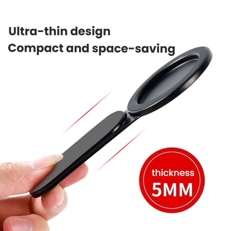 Schwarze Ultradünne Lupe mit 5 mm Stärke für kompakte Nutzung, integriert mit einem Magnet-Phonehalter aus Aluminiumständer für den Laptop