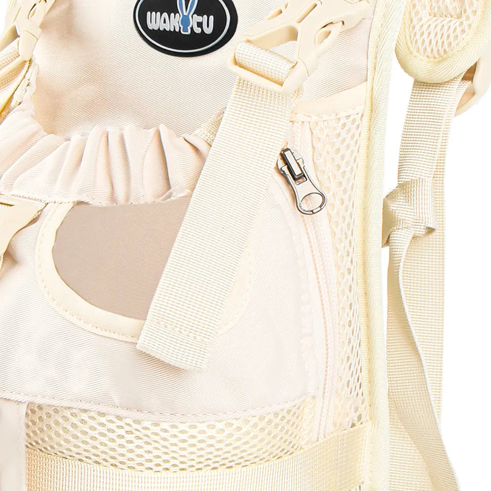 Mochila portamascotas para motocicleta color crema, de malla y tejido, con parche de logotipo circular de Wanyu en negro, diseñada para Suzuki V-Strom y compatible con los modelos Ducati Scrambler y Ducati Multistrada.