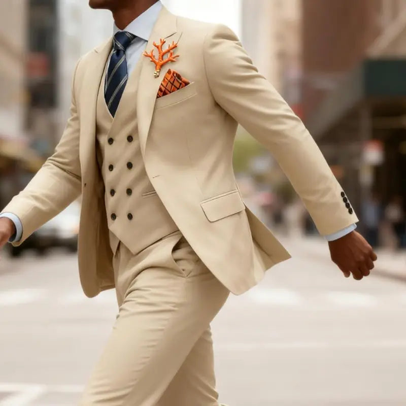Costume trois pièces beige pour hommes en coupe croisée double boutonnage avec gilet et pantalon assortis rehaussés d’une cravate à rayures bleu marine et d’une broche corail orange.