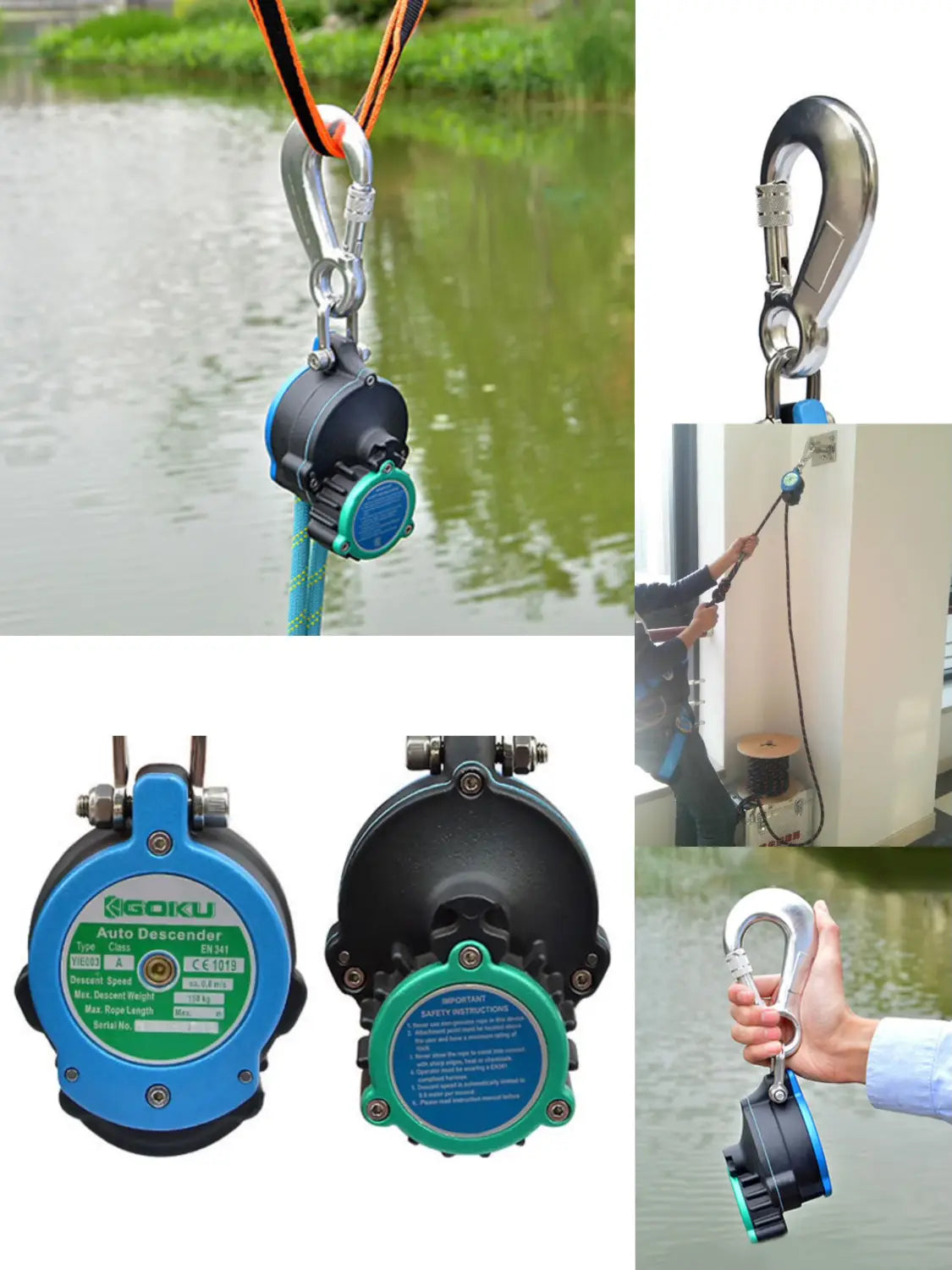 Blue and black goku auto rope descender emergency escape device with a metallic carabiner attachment and a green label.