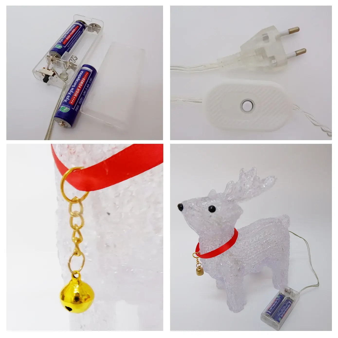 Durchscheinendes weißes LED-Rentier-Weihnachtsornamentlicht mit rotem Halsband und einer kleinen goldenen Glocke, die von seinem Hals herabhängt.