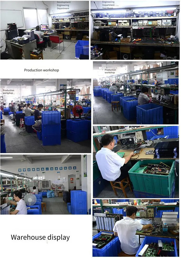 blue plastic storage bins filled with electronic components and circuit boards for a bluetooth stereo audio amplifier 5.1 channel high power system