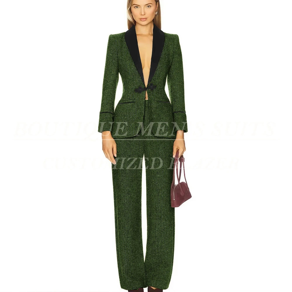 Formal Women's Suits Tweed Single Button Shawl Lapel Slim Fit 2 Piece Jacket Pants Luxury Office Lady Female Clothing Outfits
