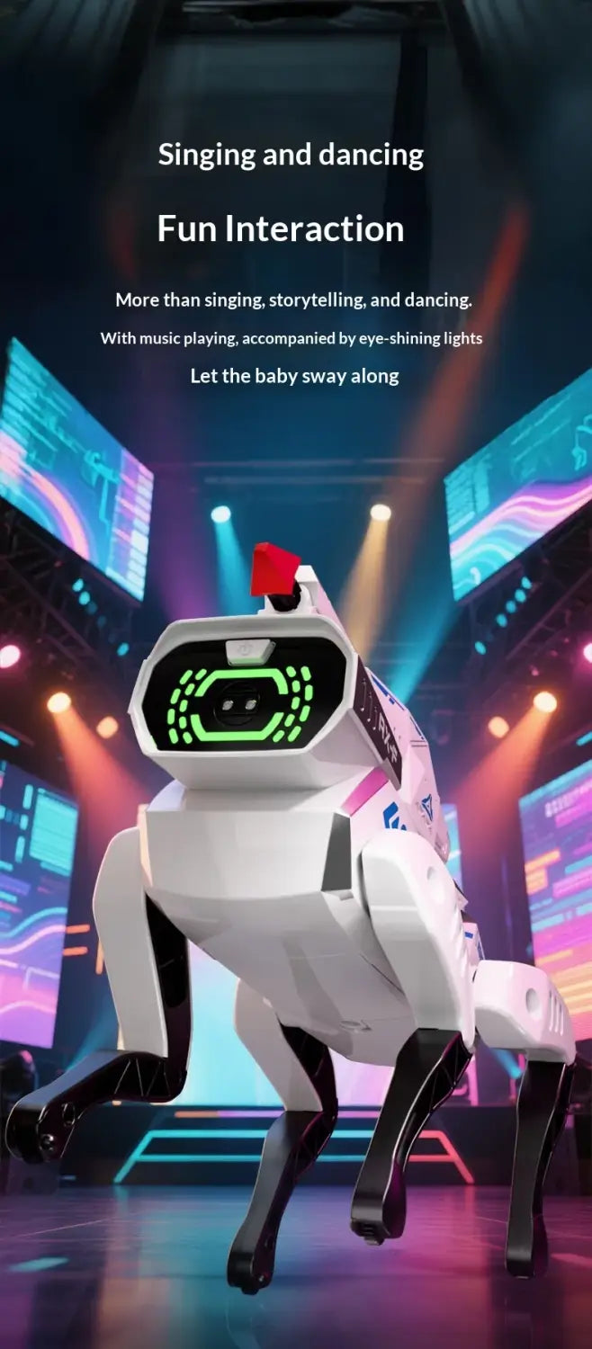 Interactive robotic dog toy with voice control featuring a white body, black legs, a glowing green face, and red antenna-like protrusion on its head.