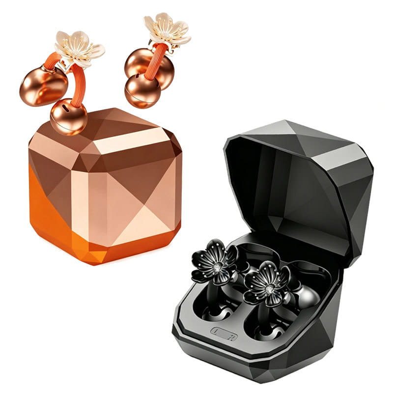 Roségoldene und schwarz geschliffene, diamantförmige Bluetooth-TWS-Ohrhörer mit floralen Ohrring-Akzenten, mit kompakter und praktischer Gestaltung sowie Bluetooth-Version-Kompatibilität.