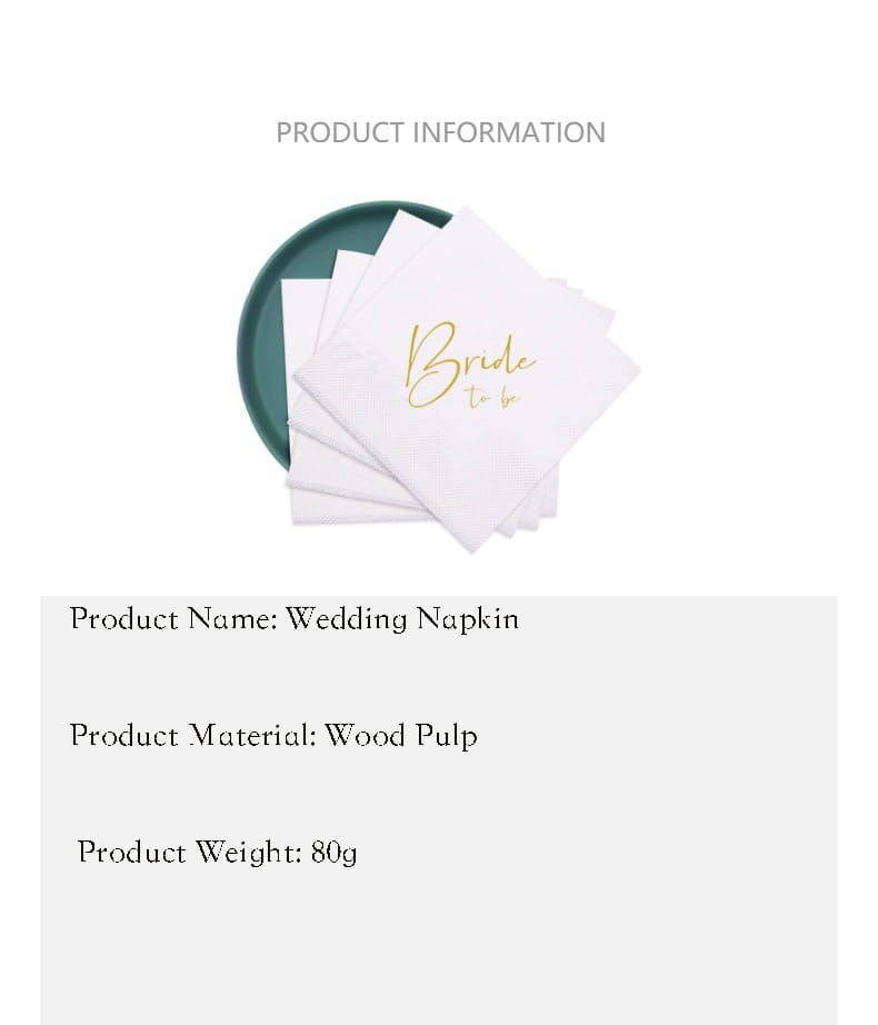 servilletas de boda blancas elaboradas con pulpa de madera, con el texto de la novia en metalizado en oro, impresas con tipografía tipo guion sobre ellas; se muestran en un paquete de 50 para su uso en bodas