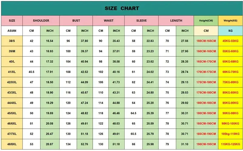 L’image présente un tableau des tailles détaillé pour une chemise habillée sans repassage pour homme en grande taille, selon le système de tailles asiatique, avec des mesures en centimètres et en pouces, de la taille 38 S à la taille 48 XL.