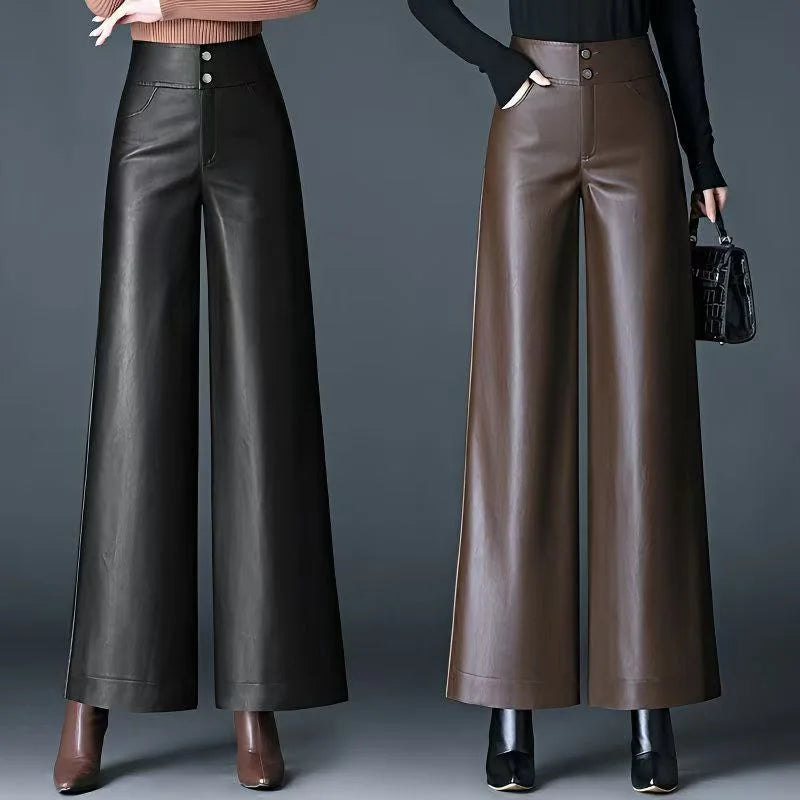 Women's High Waist Loose PU Leather Pants Autumn Winter Windproof Waterproof Straight Leg Pants Casual Fashion Ladies Trousers