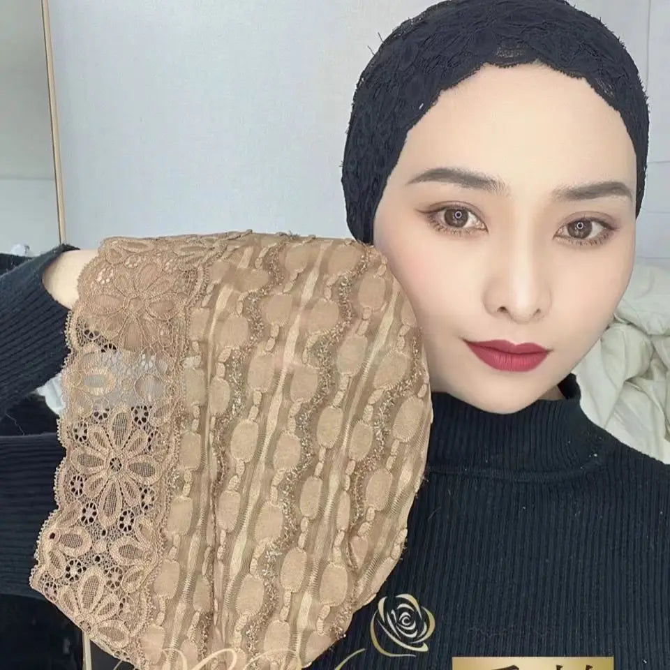 Womens Muslim Inner Hijab Caps Shiny Lace Head Cover Stretch Beanie Turban Hat Cap Headwrap Cover