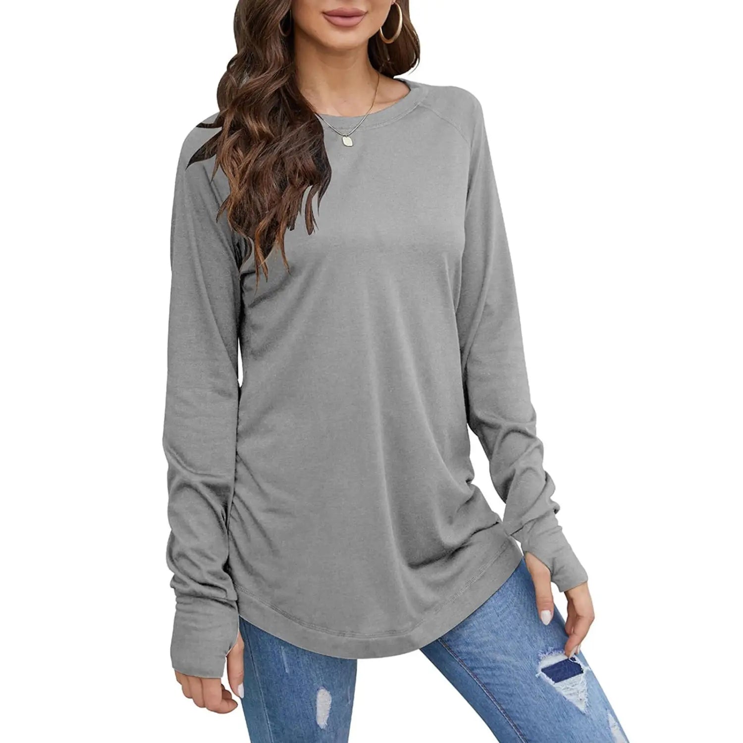 Women long sleeve cotton tunic top in gray featuring a relaxed fit, subtle side slits, round neck, and plain pattern type.